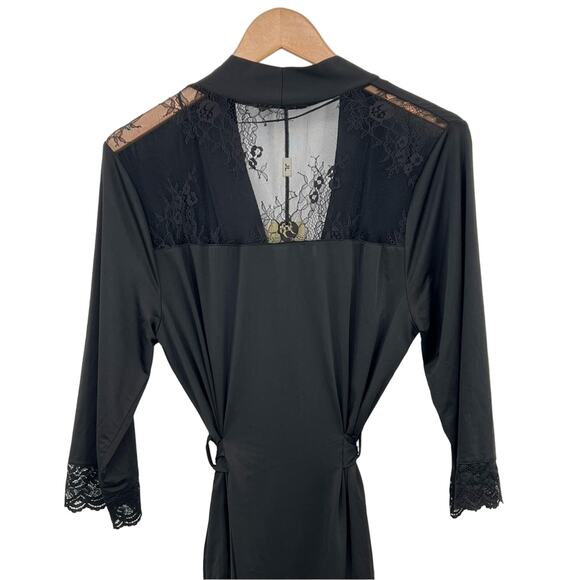 Jane Lamerton black satin lace trim belted midi robe size small NEW - Picture 4 of 12